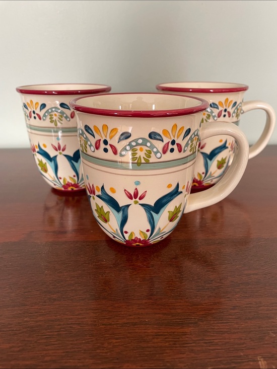 Bobby Flay Other - Hand-Painted Ceramic Mug in Cream with Red Rim and Multicolor Floral Motif ,3